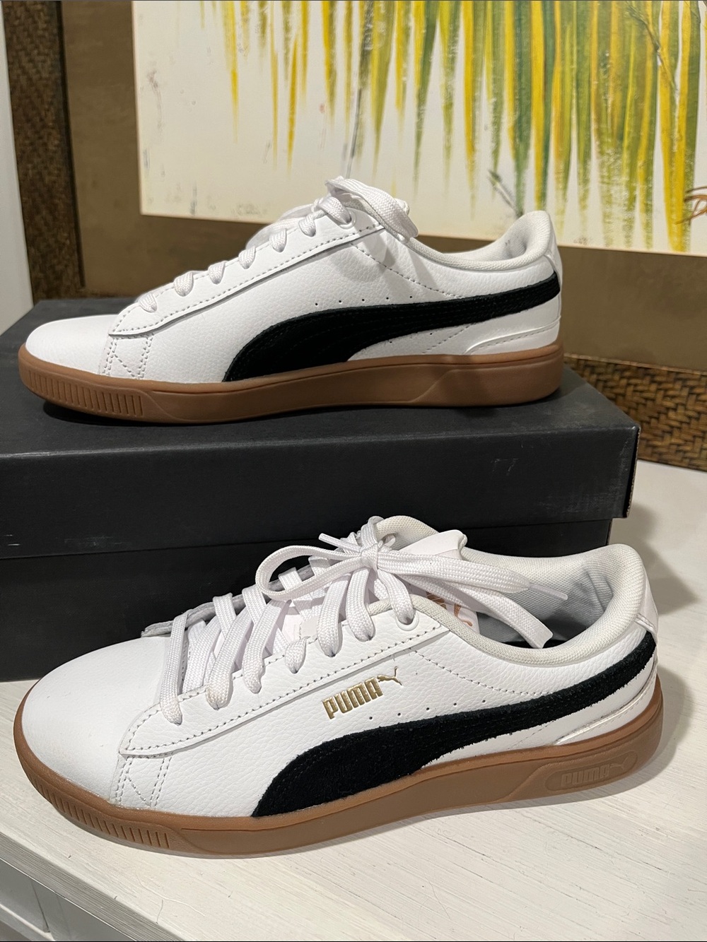 Women’s Puma Vikky v3 White Leather Black Suede and Gum Sneakers